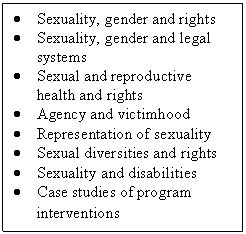 Text Box: •	Sexuality, gender and rights   •	Sexuality, gender and legal systems  •	Sexual and reproductive health and rights  •	Agency and victimhood  •	Representation of sexuality  •	Sexual diversities and rights  •	Sexuality and disabilities  •	Case studies of program interventions  