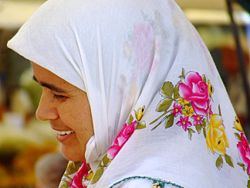 A woman wearing a headscarf in Kalkan, Turkey