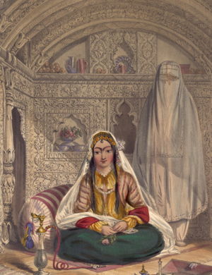 Ladies of Caubul (1848 lithograph, by James Rattray) showing the lifting of purdah in zenana areas. Oriental and India Office Collection, British Library