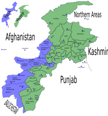 District map of FATA and NWFP - Districts of FATA are shown shown in blue, Bajaur is located in the north.