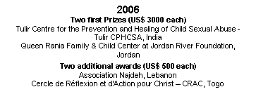 Text Box: 2006
Two first Prizes (US$ 3000 each)
Tulir Centre for the Prevention and Healing of Child Sexual Abuse - Tulir CPHCSA, India
Queen Rania Family & Child Center at Jordan River Foundation, Jordan

Two additional awards (US$ 500 each)
Association Najdeh, Lebanon
Cercle de Rflexion et dAction pour Christ  CRAC, Togo


