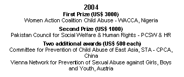 Text Box: 2004
First Prize (US$ 3000)
Women Action Coalition Child Abuse - WACCA, Nigeria

Second Prize (US$ 1000)
Pakistan Council for Social Welfare & Human Rights - PCSW & HR

Two additional awards (US$ 500 each)
Committee for Prevention of Child Abuse of East Asia, STA - CPCA, China
Vienna Network for Prevention of Sexual Abuse against Girls, Boys and Youth, Austria

