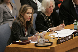 Gina Torry, NGOWG Coordinator Addresses UN Security Council. UN Photo/Evan Schneider