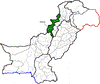 Map of Pakistan with Federally Administered Tribal Areasوفاقی قبائلی علاقہ جات highlighted.