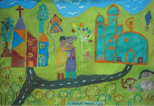 A road connecting a Mosque and a Church, ages 9-12 years. Funkor Child Art Center contest, Islamabad 2005