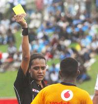 Finau Vulivuli yellow-cards a Tavua player at the Fiji FACT two weekends ago at the TFL Stadium