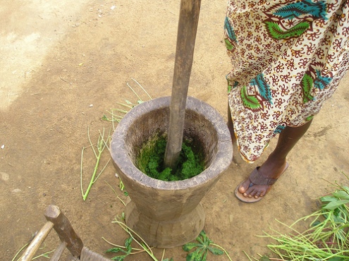 Liberian woman pounding cassava.