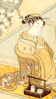 An oiran preparing herself for a client, ukiyo-e print by Suzuki Haronubu (1765).