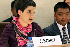 Jana Kohut, a trafficking survivor addresses the Human Rights Council.