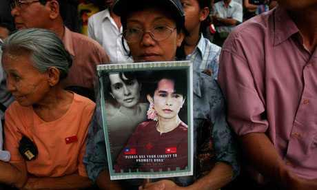Supporters of Aung San Suu Kyi outside the National League for Democracy HQ in Rangoon