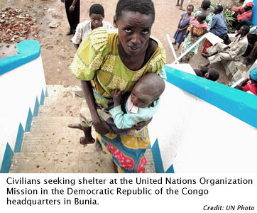 Civilians seeking shelter at the United Nations Organization Mission in the Democratic Republic of the Congo headquarters in Bunia.