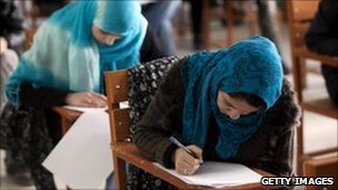 Afghani female students attend Kabul university on July 6, 2010 in Kabul, Afghanistan