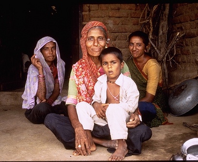 India tribals grandmother, daughters and grandson, Madhya Pradesh