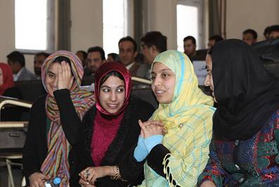 Four of ten women engineering interns at Univerisity of Kabul.