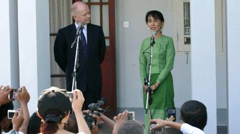 British Foreign Secretary William Hague, left, listens as Myanmar's pro-democracy leader Aung San Suu Kyi talks during a news conference at Suu Kyi's residence in Yangon, Myanmar Friday, Jan. 6, 2012. - British Foreign Secretary William Hague, left, listens as Myanmar's pro-democracy leader Aung San Suu Kyi talks during a news conference at Suu Kyi's residence in Yangon, Myanmar Friday, Jan. 6, 2012. | Apichart Weerawong/The Associated Press