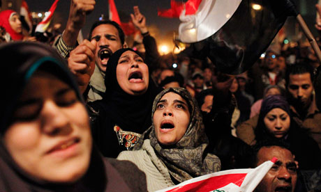 Egyptian women celebrate the resignation of President Mubara
