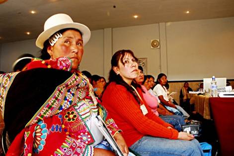 A Quechua leader at a meeting on rural women in Bolivia. Credit: Franz Chvez/IPS.