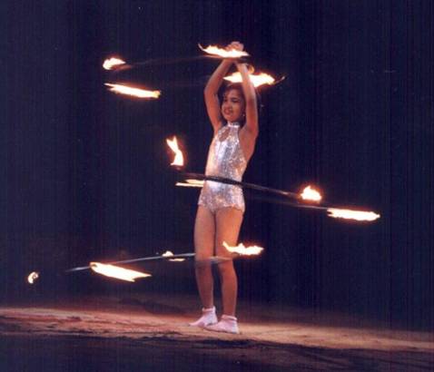 A child artiste performs with hoola hoops on fire at a circus in Puducherry. File photo