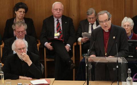 Dr Rowan Williams, the outgoing Archbishop of Canterbury (left) listens to a speech by the Right Reverend Nigel McCulloch, Bishop of Manchester, during a meeting of the General Synod of the Church of England. Photograph: Yui Mok/WPA Pool/Getty