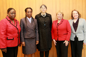 Pictured from left: Claire Carlton-Hanciles, Chief Defender of the Court; Court Registrar Binta Mansaray; Prosecutor Brenda Hollis; Ms. Bachelet; and Justice Shireen Avis Fisher, President of the Court.