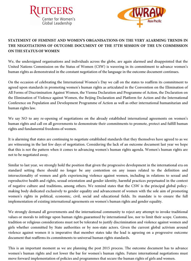 IWD Statement on Concerns of Women's Organizations over
      Negotiations on CSW 57 Outcome Document