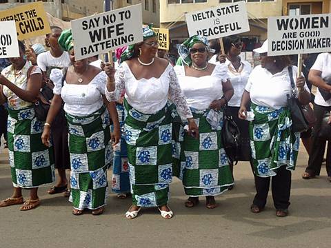 [The Head of the Community Development Department led a group of participants during the International Womens Day rally in Delta State. ]