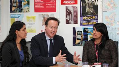 David Cameron with campaigners against forced marriage: David Cameron speaking with campaigners against forced marriage Aneeta Prem, left, and Jasvinder Sanghera
