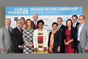The launch of UN Women's Private Sector Leadership Advisory Council, held at United Nations Headquarters in New York on 2 June 2014.  From left to right, first row:  Mr. Christopher Graves, Global CEO of Ogilvy Public Relations; Mr. Michael Goltzman, Vice-President of International Government Relations & Public Affairs, The Coca-Cola Company; Ms. Marcela Manubens, Global Vice-President for Social Impact, Unilever; Phumzile Mlambo-Ngcuka, Executive Director, UN Women;  Ms. Khanyisile Kweyama, Executive Director & CEO, Anglo American South Africa; Ms. Dina Habib Powell, President, Goldman Sachs Foundation and Global Head of Corporate Engagement; Mr. Andrew Bruce, North America CEO, Publicis. Second row: Ms. Sarah Franois-Poncet, Chief Legal Council & Secretary General, Chanel Foundation; Mr. Dominic Barton, Managing Director, CEO, McKinsey & Company; Mr. Emmanuel Lulin, Senior VP & Chief Ethics Officer, LOral; and Mr. Rick Goings, Chairman & CEO, Tupperware Brands Corporation.  Photo: UN Women/Ryan Brown