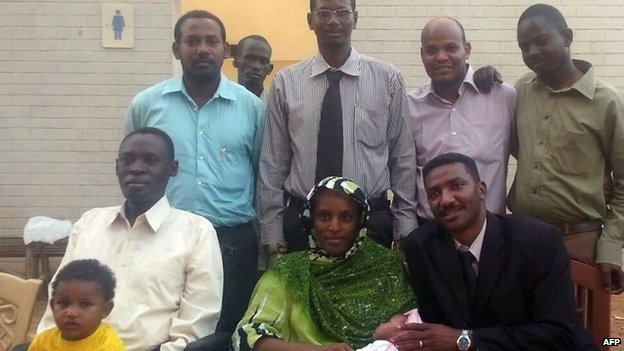 Meriam Ibrahim with her husband (L), children and legal team after her release in Khartoum on 23 June 2014 