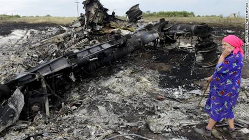A woman looks at wreckage at the Malaysia Airlines Flight 17 crash site on July 19.