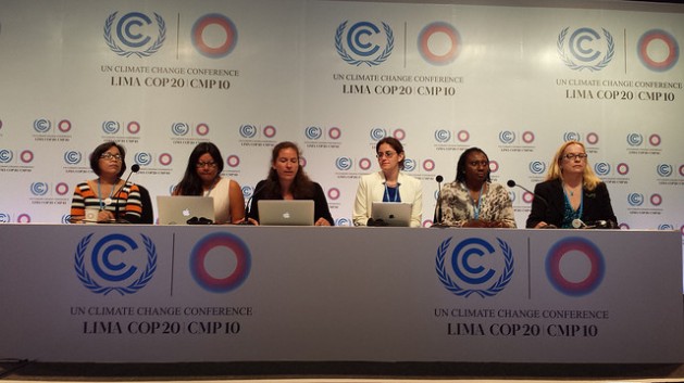 A group of activists tracking the inclusion of gender in the U.N. climate negotiations at Limas COP20, during a Dec. 9 panel. Credit: Diego Arguedas Ortiz/IPS
