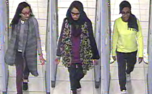 From left: Kadiza Sultana, Shamima Begum and Amira Abase going through security at Gatwick airport