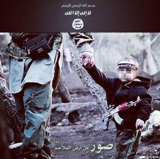 A toddler used in an Arabic recruitment poster for Islamic State. The image has been widely shared on Russian social networls