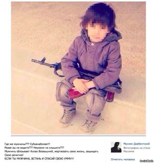 Daghestani militant Muslim Derbentsky's social media post calling on people to join Islamic State uses a picture of a toddler with a gun
