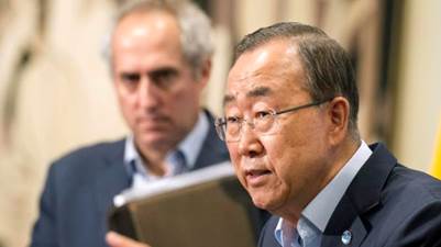 In this photo provided by the United Nations, United Nations Secretary General Ban Ki-moon addresses the media outside the Security Council chambers at U.N. Headquarters, Wednesday, Aug. 12, 2015, where he announced the firing of the head of the U.N. peacekeeping mission in the Central African Republic. Babacar Gaye, of Senegal, was terminated over the force&#39;s handling of dozens of sexual and other misconduct allegations, including rape and killing, in the year and a half of its existence. (Eskinder Debebe/The United Nations via AP)
