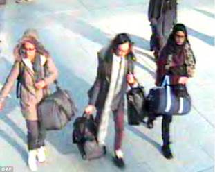 Another grim glimpse of life in Raqqa emerged last weekend from Amira Abase (left), who was 15 when she and fellow Bethnal Green GCSE pupils Shamima Begum (right), 16, and Kadiza Sultana (centre), 15, ran away from home in February. Two of the girls have since married jihadi fighters, although they refuse to say which of them is still single